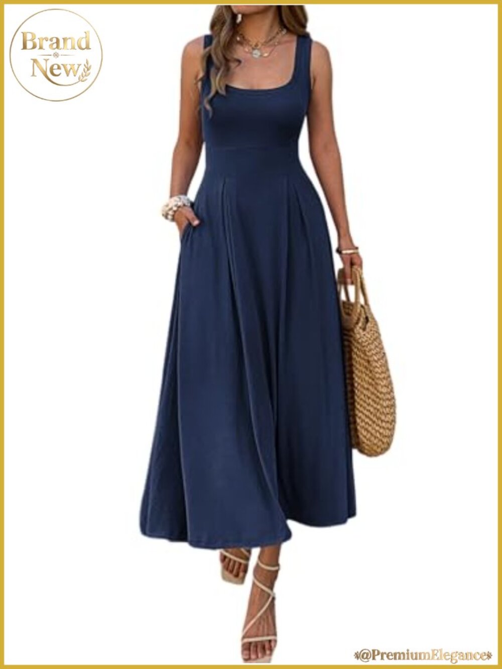 Women's Sleeveless Empire Maxi Dress Square Neck A-Line Pleated Flowy with